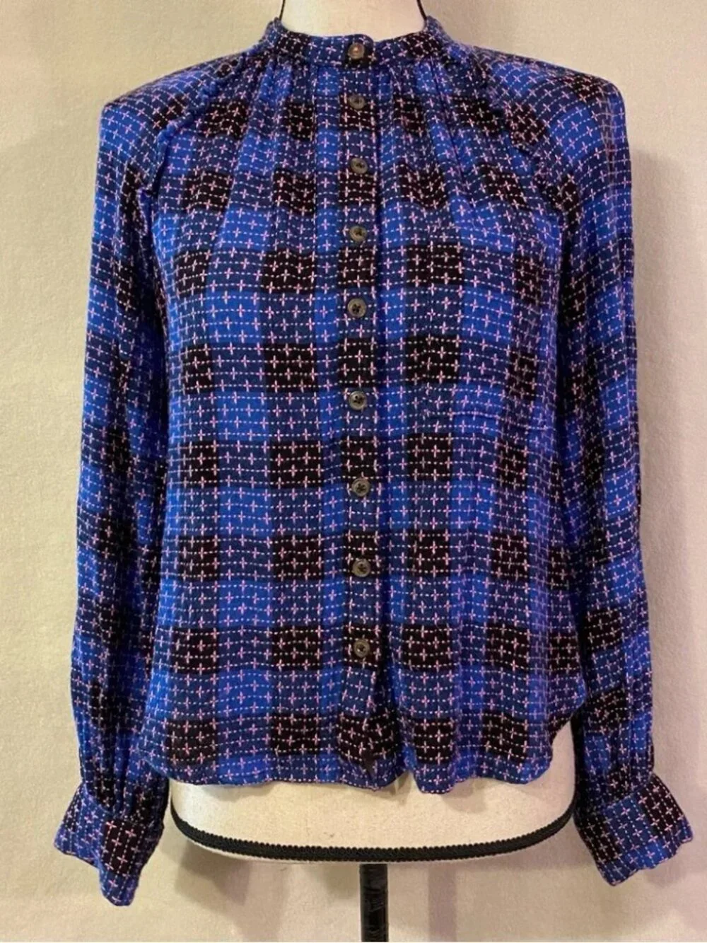 Pilcro Anthropologie blue pink black plaid ruffle button down shirt